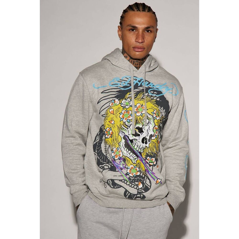 Ed Hardy Grey Skull Graphic Unisex XL Hoodie Alternative Punk Emo Metal